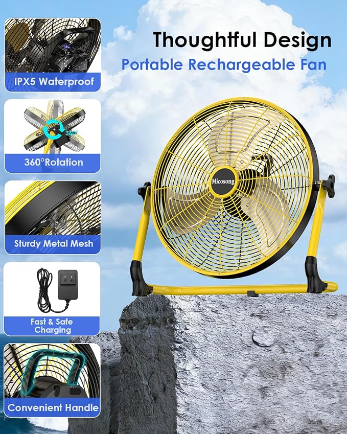 18'' Portable Battery Operated Fan, Cordless Camping Floor Fan Outdoor, Long Lasting Rechargeable Battery Powered Fan, 360° Tilt, USB Output, Wireless, for Home Gazebo Greenhouse Outside Gym
