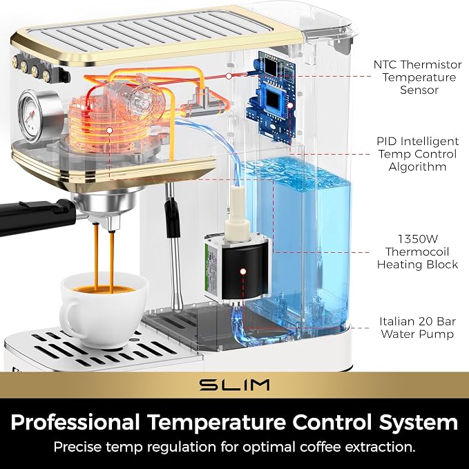 CHULUX Slim Espresso Machine with Milk Frother, 20 Bar Professional Italian Pump Espresso Coffee Machine for Home Cappuccino & Latte Maker, Stainless Steel, White and Gold