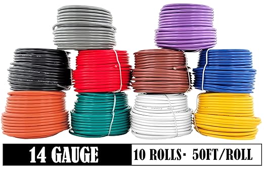 GS Power 500ft CCA 14 Gauge Wire Automotive, 50ft Roll, 10 Colors, 14 AWG 12v, Speaker Electrical Wire Low Voltage Primary for Car Stereo Audio Trailer Harness Hookup Wiring DIY