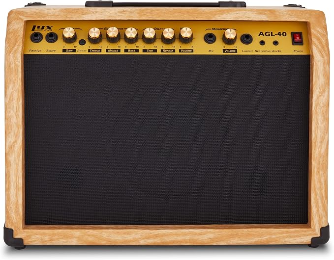 LyxPro 40 Watt Electric Guitar Amplifier | Solid State Studio Amp with 8” 4-Ohm Speaker, Custom EQ Controls, Drive, Delay, ¼” Passive/Active/Microphone Inputs, Aux in & Headphone Jack - Natural