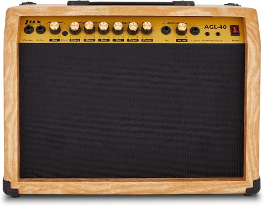 LyxPro 40 Watt Electric Guitar Amplifier | Solid State Studio Amp with 8” 4-Ohm Speaker, Custom EQ Controls, Drive, Delay, ¼” Passive/Active/Microphone Inputs, Aux in & Headphone Jack - Natural