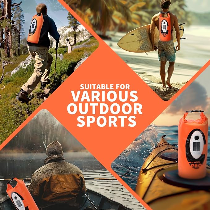 FELICON Waterproof Dry Bag Backpack with Bluetooth Speaker, 10L Roll Top Floating Sack, Solar & USB-C Powered Emergency Charger, RGB Light, Heavy Duty PVC for Kayaking Camping, Orange