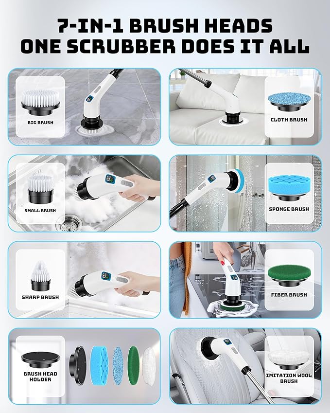 Electric Spin Scrubber for Cleaning Bathroom - Shower Cleaner Brush with Long Handle - Cordless Power Scrubber with 7 Brushes Heads, IPX7 Waterproof Scrub Brush for Bath Tub Tile Grout Glass Tool