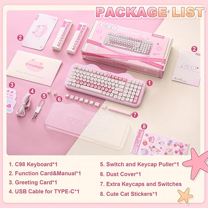 YUNZII C98 Wireless Mechanical Keyboard with Number Pad,99 Key BT5.0/2.4G/USB-C Hot Swap Gasket Mount with PBT MOA Keycaps,Custom RGB,Cute Cake Keyboard for Win/Mac (Pink, Candy Linear Switch)