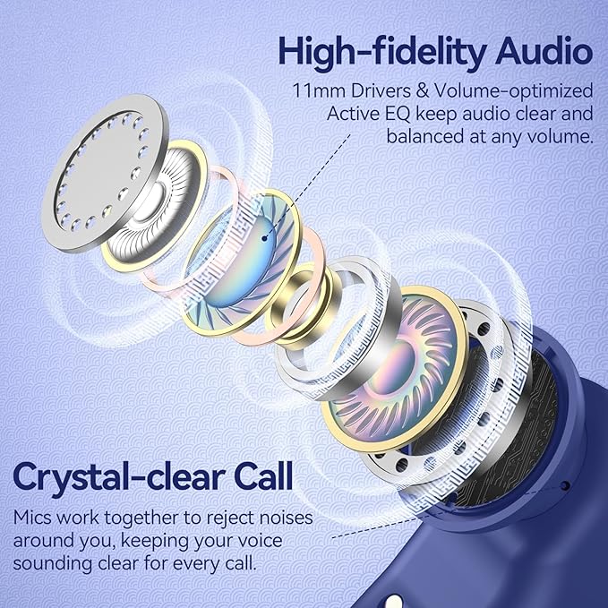 Active Noise Cancelling Wireless Earbuds Bluetooth Headphones 80H Playtime Ear Buds with Power Display Case Hi-Res Sound & Clear Calls Over Ear Hooks Earphones for Sports Running Gym Workout Blue