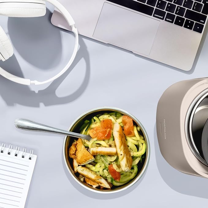 Nostalgia Portable Heated Lunch Box – 2.5-Cup Stainless Steel Food Warmer – Detachable Cord, Leak-Proof Lid, Carry Handle – Portable for Work & Travel – Oatmeal
