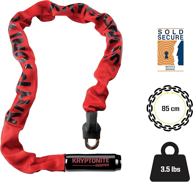 Kryptonite Keeper 785 Bike Chain Lock, 2.8 Feet Long Heavy Duty Anti-Theft Bicycle Chain Lock with Keys for Bike, Motorcycle, Scooter, Bicycle, Door, Gate, Fence,Red, 33.5 Inch | chain-bike-locks