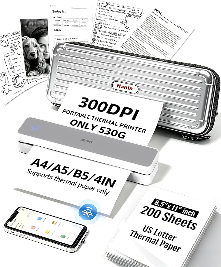 iDPRT MT610Pro Portable Thermal Printer with Case &200 Sheets Paper, 300DPI HD Mobile-Travel-Printers, Inkless-Wireless-Small-Printer for Home Use, Office, Vehicles, Bluetooth Printers, White
