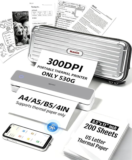 iDPRT MT610Pro Portable Thermal Printer with Case &200 Sheets Paper, 300DPI HD Mobile-Travel-Printers, Inkless-Wireless-Small-Printer for Home Use, Office, Vehicles, Bluetooth Printers, White
