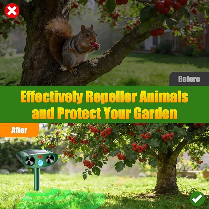 2026 Upgraded Solar Ultrasonic Animal Repellent Outdoor Deer Cat Repellent with Motion Sensor Flash Light, IP65 Waterproof Repeller Keep Rodent Squirrel Raccoon Opossum Skunk Out of Yard Farm