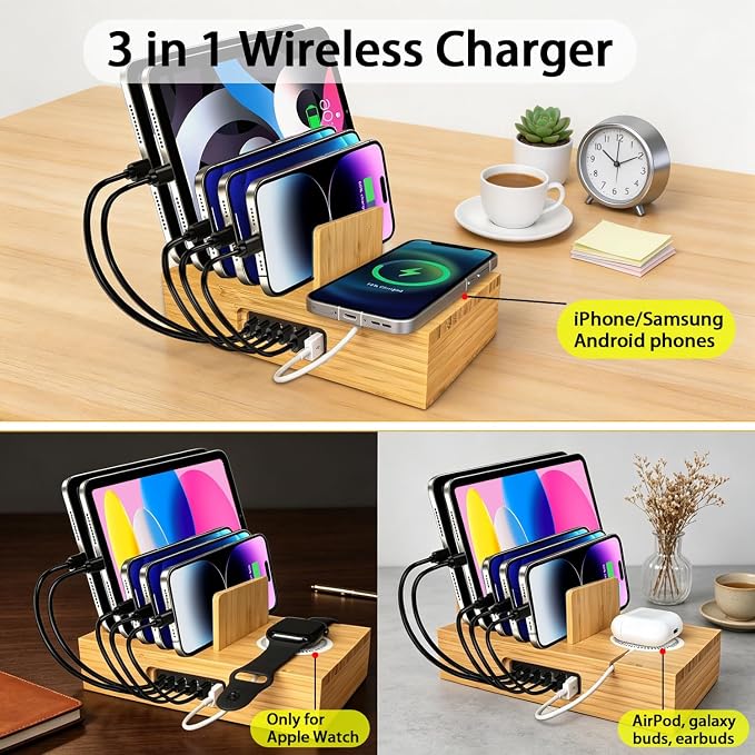 PD 100W Charging Station for Multiple Devices,6 Port USB Bamboo Charging Station Organzier with Detachable 15W 3 in 1 Wireless Charger Station for iPhone Android Apple Watch AirPod Tablet