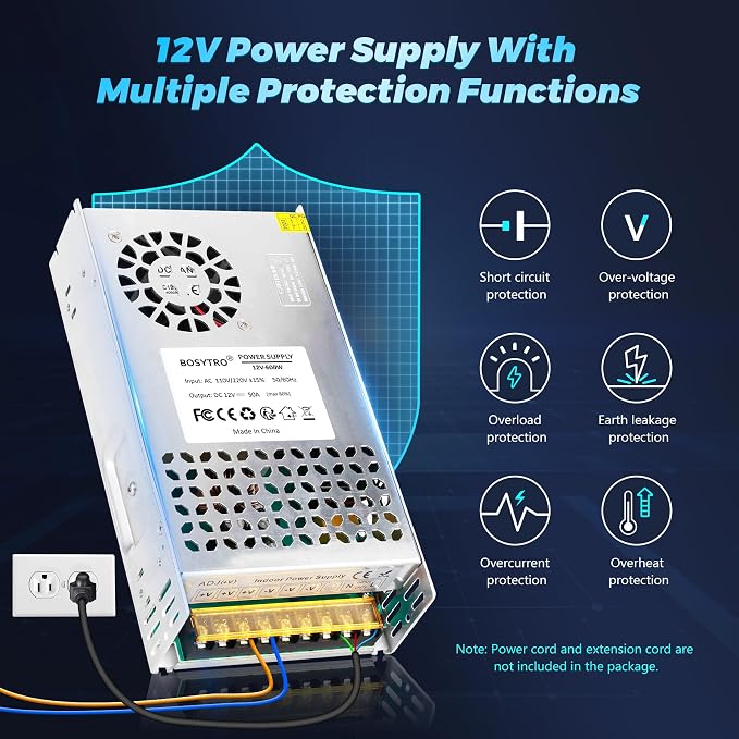 12V 50A 600W DC Switching Power Supply, AC 110v to 12v Converter (SMPS), 12 Volt Power Supply for LED Strip Light, CCTV Camera Security System,Computer Project