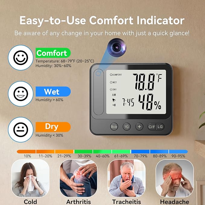 Hidden Camera Thermometer Hygrometer, 4K Discreet Nanny Camera - WiFi Remote View, Night Vision, Motion Detection,3-in-1 Wireless Spy Camera for Home/Office/Pet (Black)