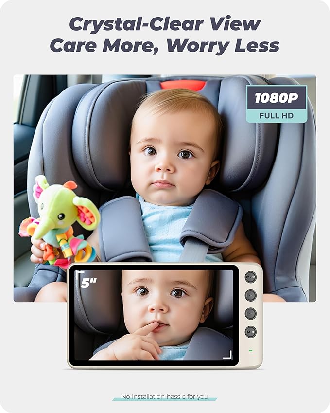 #1 Magnetic Double Car Camera for 2 Baby with 5" 1080P IPS Monitor, Auto Night Vision & Magnetic Mount, Zoom/Mirror/Split Modes, USB Powered, 5-Minute Setup, for Rear-Facing Infant, White