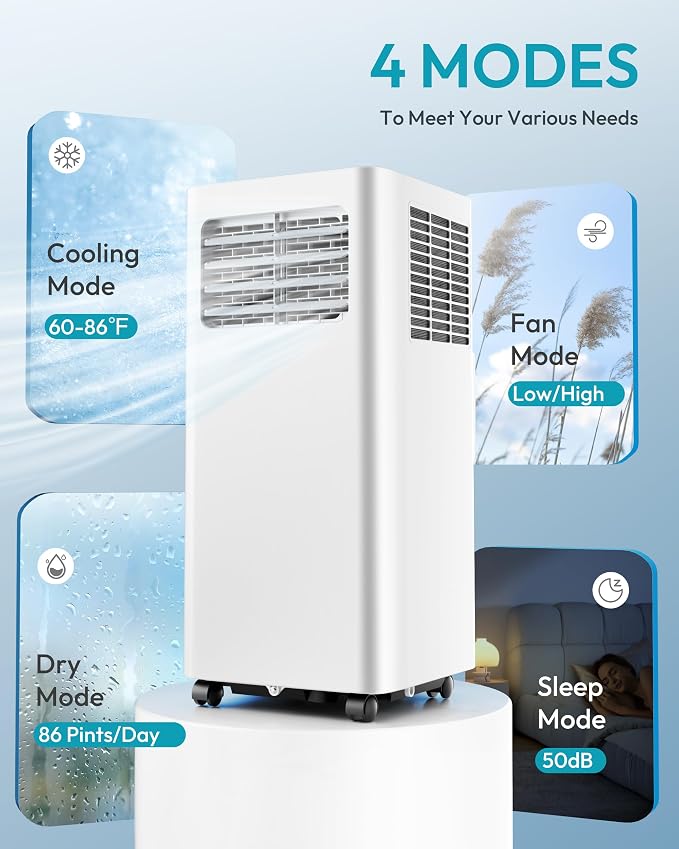 EUHOMY 8,000 BTU Portable Air Conditioners, 4-in-1 Air Conditioner Portable Up to 350 Sq.Ft., Portable AC Unit with Cool, Fan, Dehumidifier, Sleep, 24H Timer, Remote & Installation Kit, for Bedroom