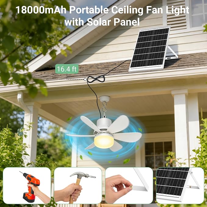 Solar Fan for Gazebo with Light, 18000mAh Rechargeable Solar Powered Patio Ceiling Fan with Remote, 17.5'' Portable Outdoor Hanging Fans for Pergola| Backyard| Camping| Tent| RV Canopy, IP54 Rated