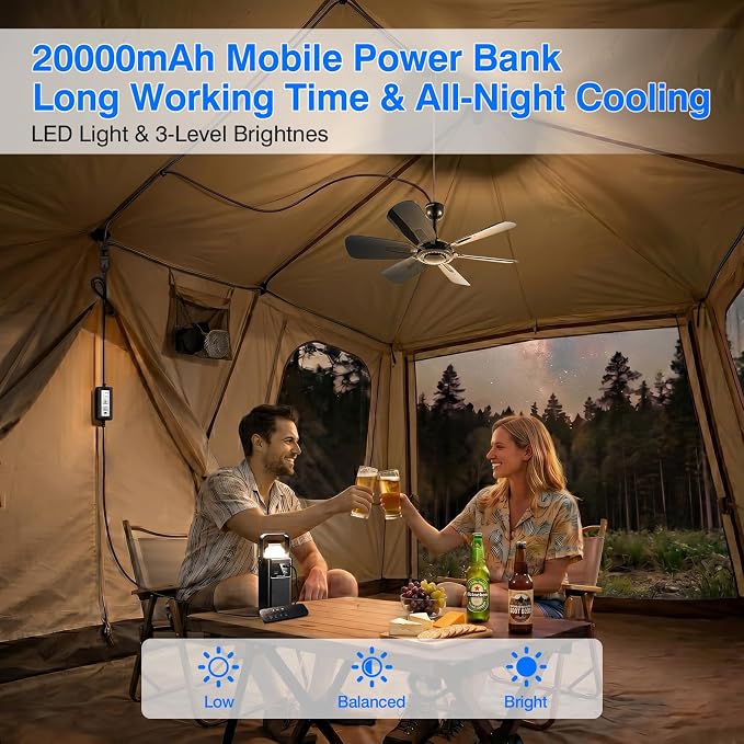 Portable Ceiling Fan, USB Plug-In, 5V DC Powered, 6 Blades, Indoor/Outdoor RV Camping Tent Canopy, Hanging, Quiet Operation (with power bank)