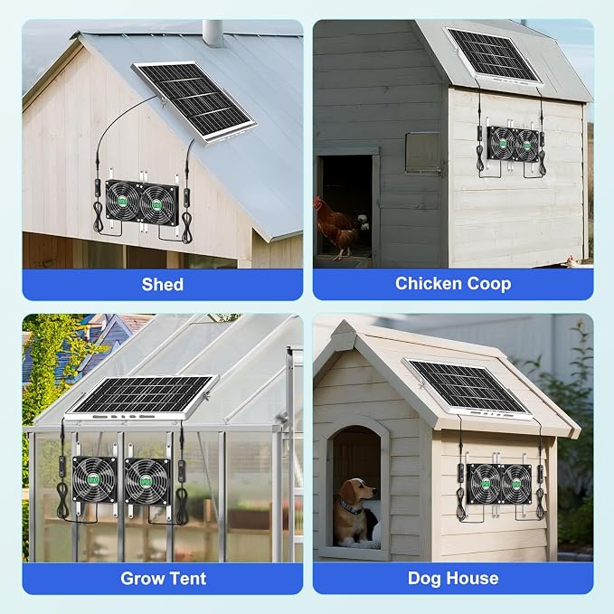 Solar Chicken Coop Fan 2 Kit, 20W Solar Powered Greenhouse Fan Outdoor Waterproof, Solar Exhaust & Intake Fans, Hi-Airflow for Shed Dog House Air Circulation Ventilation Cooling, No Battery