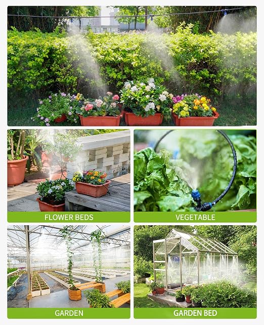 HIRALIY 118FT Drip Irrigation Kit, Quick-Connect Garden Watering System with 30 Adjustable Misting Nozzles and 1/4 in Tubing for Greenhouse Rows, Hanging Plants, Raised Beds & Patio Gardens