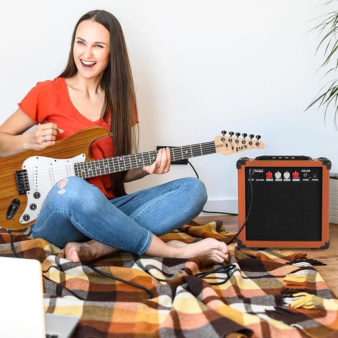 LyxPro Electric Guitar Amp 20 Watt Amplifier Built in Speaker Headphone Jack and Aux Input Includes Gain Bass Treble Volume and Grind - Mahogany