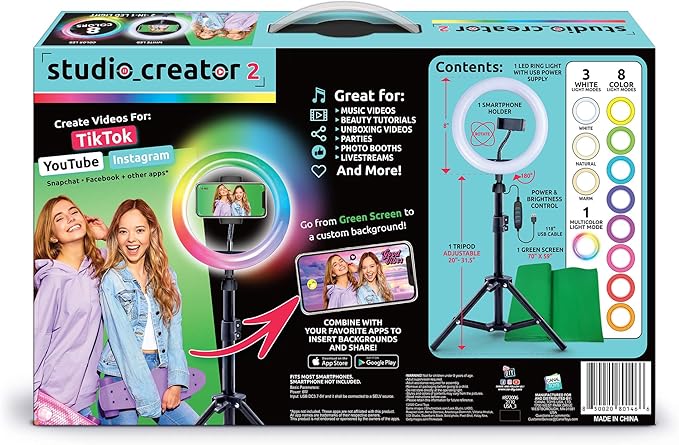 Canal Toys New So DIY TikTok Instagram YouTube Multicolored Ring Light with Green Screen and Phone Mount Tripod. Studio Creator 2 Influencer Video Creator Kit