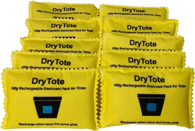 DryTote Rechargeable Desiccant Packs (10 Pack), Silica Gel Moisture Absorber for Storage Bins & Totes, Color-Change Indicator, 100g, Yellow