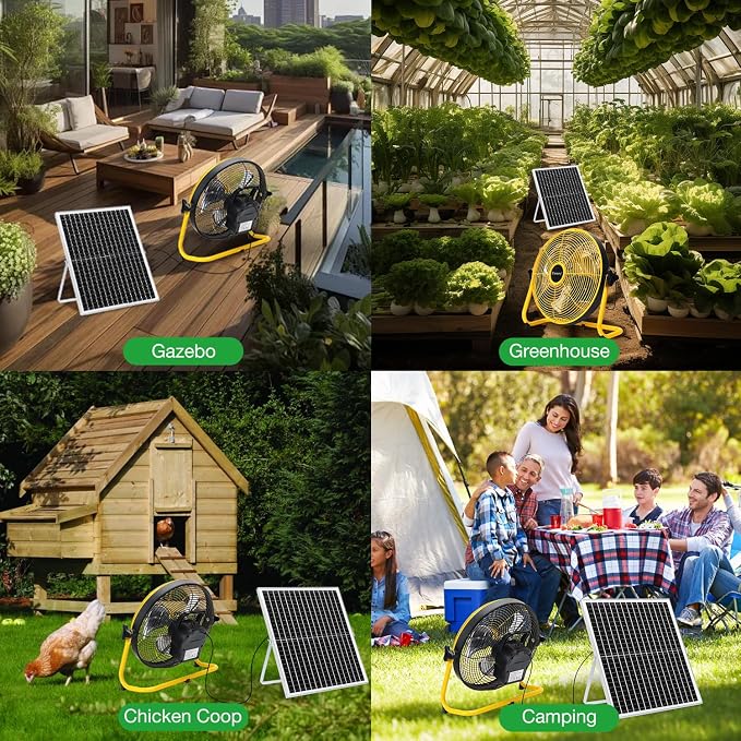 blessny 12" Solar Rechargeable Floor Fan with 35W Solar Panel for Home Outdoor Camping Gazebo Greenhouse Barn Poultry Pet House Cooling or Air Circulation, 23 Ft Long Cord
