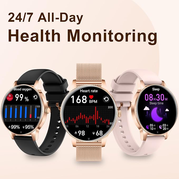 Smart Watches for Women, 1.27" HD Smart Watch for Android Phones & iPhones, Smartwatch Answer/Make Calls, Fitness Tracker with Heart Rate/Sleep/SpO2 Monitor, 110+ Sport Modes, 3 Bands (Rosegold)