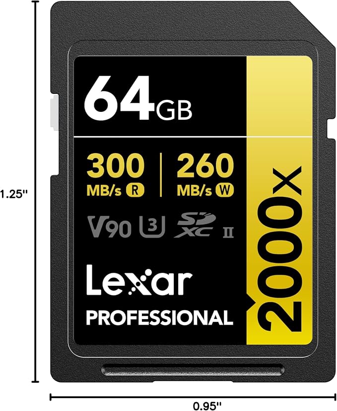 Lexar 64GB Professional 2000x SD Card, UHS-II, C10, U3, V90, Full HD, 8K, Up To 300MB/s Read SDXC Memory Card, for DSLR, Cinema-Quality Video Cameras (LSD2000064G-BNNNU)