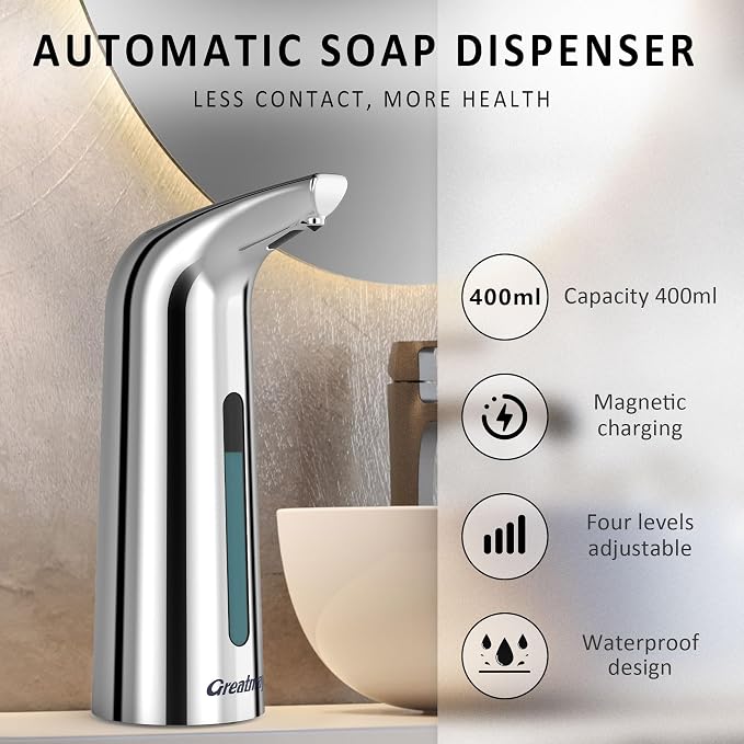 Convenient Automatic Soap Dispenser,4 Adjustable Levels Touchless Hand Sanitizer Pump with Infrared Sensor, 400 ml Countertop Electric Soap Dispenser for Bathroom,Kitchen (Silver+Silver)