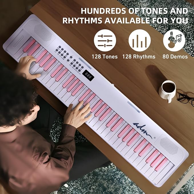 ADM 61 Key Folding Electric Piano Keyboard, Foldable Electronic Keyboard, Wireless 128 Tones, 128 Rhythms Includes Pedal, Gig Bag, Headphones for Beginners, Students, Teenagers, Adults, White