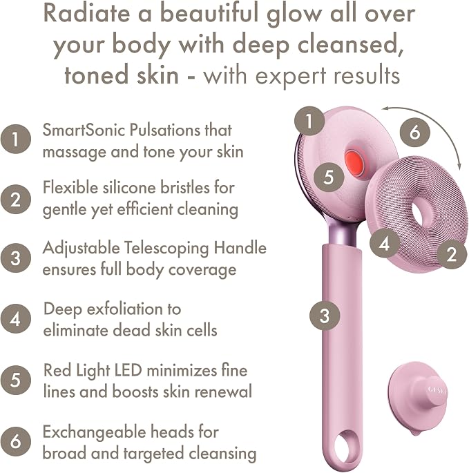 GESKE LED Sonic Full-Body Brush | 9 in 1 | Body Cleansing Brush & Intensive Exfoliator with LED | with SmartSonic Pulsations | Expert Deep Cleansing & Massage | Rough Skin Remover | Adjustable Handle