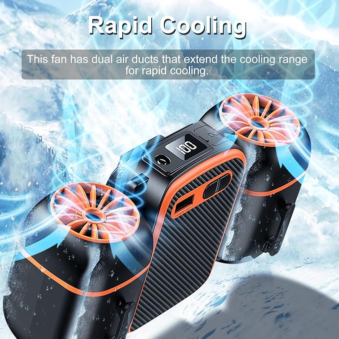 Portable Waist Fan Clip on 1000mAh Wearable Belt Personal Fan Rechargeable Hands-Free Cooling Neck Fans with Dual Outlet, 3 Speeds 12500RPM Strong Airflow, Max 24H Working Time for Outdoor Camping
