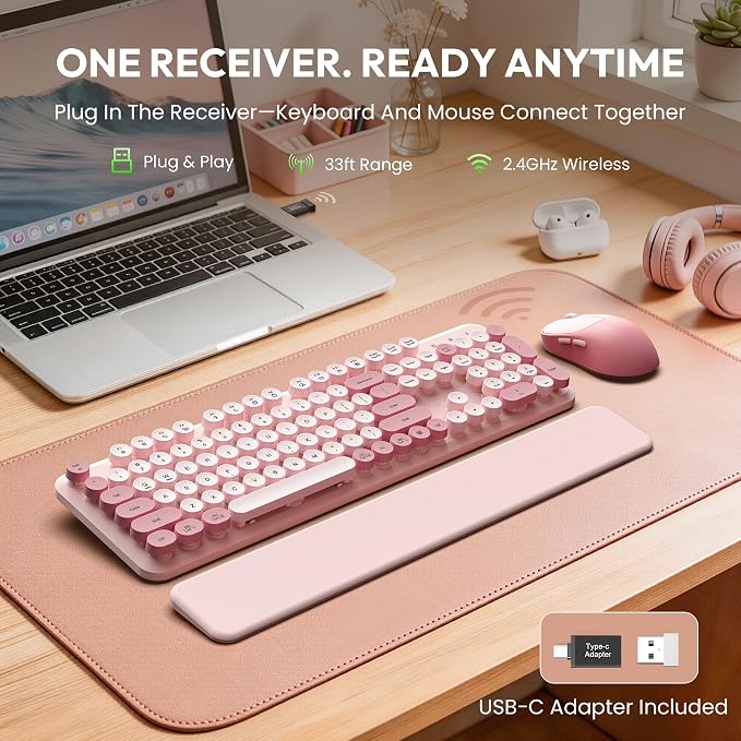 Wireless Keyboard and Mouse Combo, Typewriter Keyboard with Detachable Wrist Rest, Full-Size Retro Round Keycaps, Smart-Sleep, 2.4GHz Stable Connection for Mac/Windows/PC, Trueque(Rose Mist Pink)