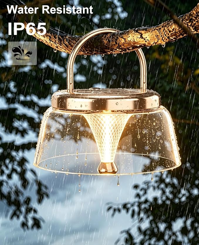 Solar Camping Lantern, 360°COB LED Camping Light Rechargeable with Solar&Type-C, IP65 Waterproof Tent Lights with Hook&Tripod Base, Bright Outdoor Hanging Lamp for Fishing, Power Outage(Gold)