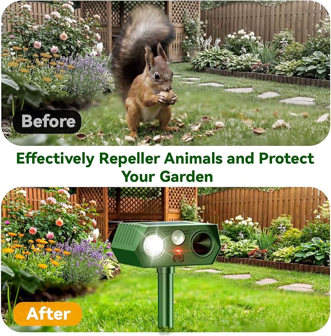 2026 Upgraded Solar Ultrasonic Animal Repellent Outdoor, Deer Repellent Devices Waterproof, Motion Activated Cat Repellent Outdoor, Squirrel Raccoon Skunk Rabbit Dog Bird Deterrents for Yard