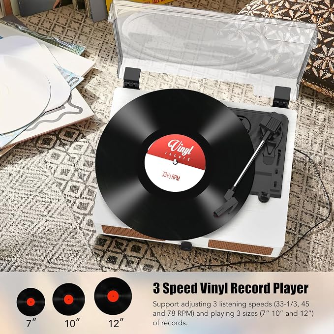 Vinyl Record Player with Built-in Speakers and USB,Belt-Driven Bluetooth Turntable with 3 Speed AUX Input Headphone Jack and RCA Output Vintage Wooden White