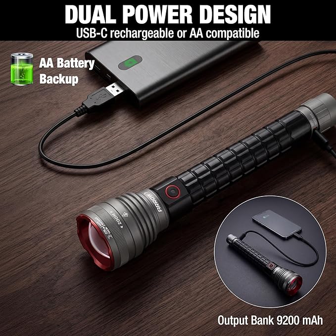 Arrow Rechargeable Flashlights 12000 Lumens, 6 Modes Bright LED Flashlight with Memory Function, IPX7 Waterproof, Zoomable Flash Light with Dual Power Design, USB-C Input Output for Outdoor Emergency