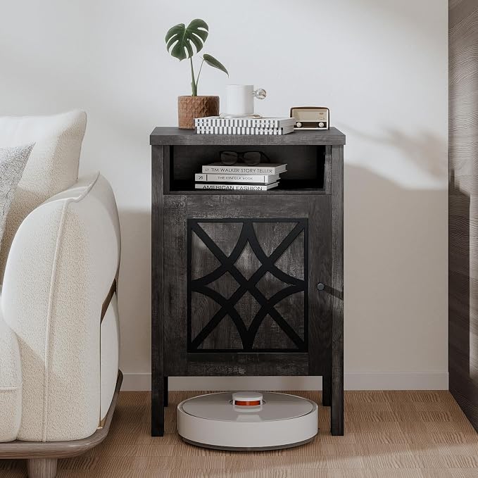 Giantex Robot Vacuum Storage Cabinet, Farmhouse End Table with Anti-Tipping Device, Anti-Slip Foot Pads, Nightstand, Space-Saving Sweeping Robot Stand for Small Space, Bedroom, Kitchen, Office (Gray)