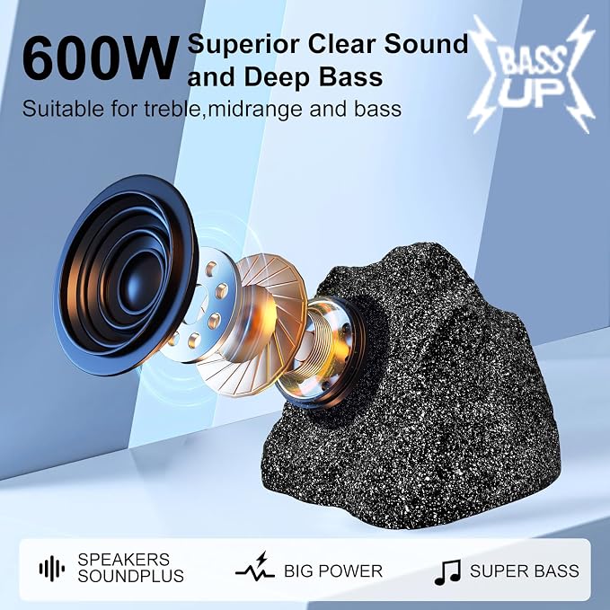 STUDIOFINIX 8" Outdoor Rock Bluetooth Speakers Waterproof Powerful 600 Watt Deep Bass All Weather Durable for Outdoor Garden Pool Patio Deck Porch BBQ (1 Pair)