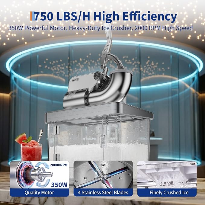 Commercial Ice Crusher 750LBS/H, 350W Electric Snow Cone Machine with 4 Stainless Steel Blades, 2000RPM, 8.98Gal Hopper Shaved Ice Maker with Safety On/Off Switch for Home, Restaurants, Bars, Silver
