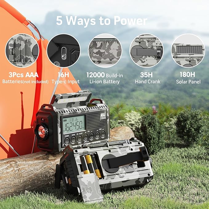 NOAA Emergency Weather Radio Camouflage 5-Way Powered 12000mAh, Crank Radio Flashlight Cell Phone Charger Am Fm Radio Portable