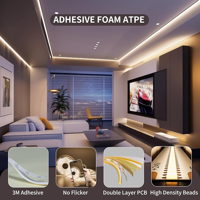 PAUTIX COB LED Strip Light 3780LEDs,Super Bright 8000Lumen 4000K Natural White 24ft,Dimmable 24V LED Tape Light with 3M Tape,RF Remote with Timer Function,48W Power Supply,for Bedroom,Home,Kitchen DIY