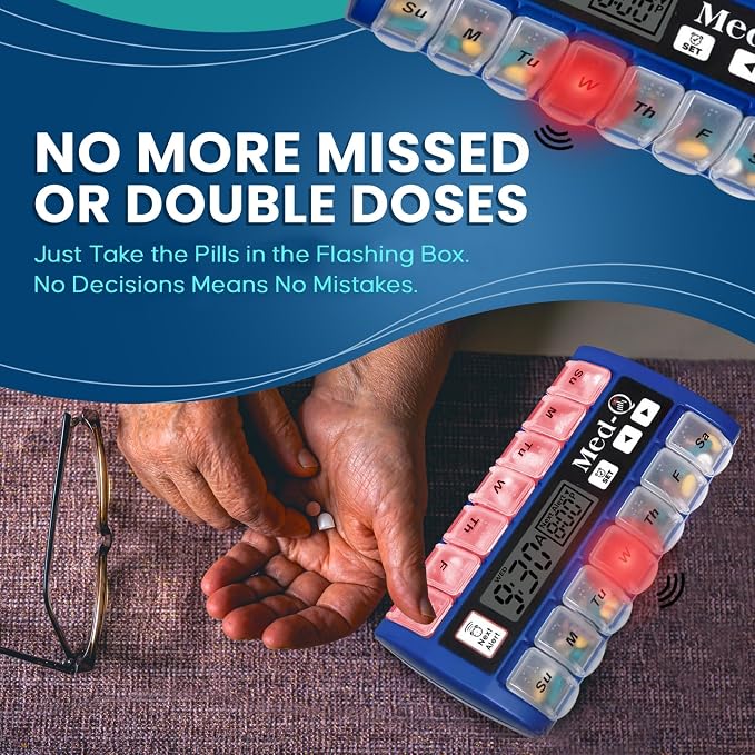 Med-Q Digital Pill Box with Alarms – Pill Organizer with Flashing Lights & Beeping Reminders – Monthly Pill Dispenser for Seniors, Dementia, Alzheimer’s, Medication & Vitamin Management