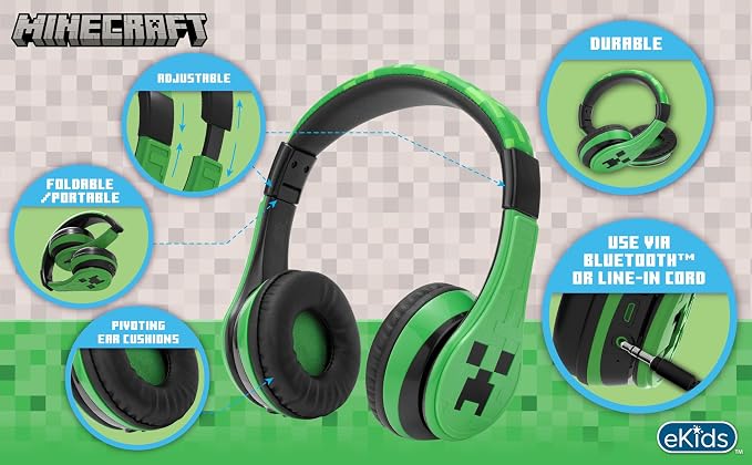 Minecraft Kids Bluetooth Headphones, Wireless Headphones with Microphone | Volume Reduced and Adjustable Headband