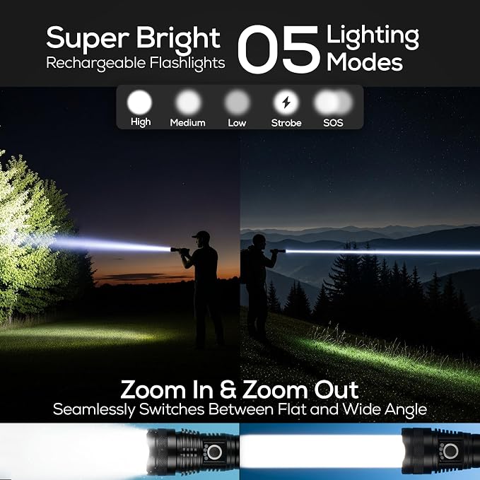 LPO Tactical Flashlight, Compact Rechargeable Flashlights 1800 High Lumen Flashlight Super Bright Pocket Torch, Telescopic Zoom, Waterproof & Shockproof, Led Flashlight Home & Outdoor, Gift for Men