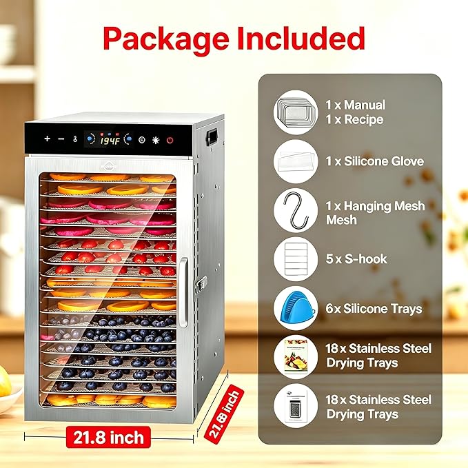 Dehydrator 18Tray, Dual Fan Food Dehydrator Machine 800W Fast Drying, 24H Timer, 86-194℉ Temperature Control, 45dB Low Noise, LED Panel, Stainless Steel Dehydrator for Food and Herbs, Jerky Meat Fruit