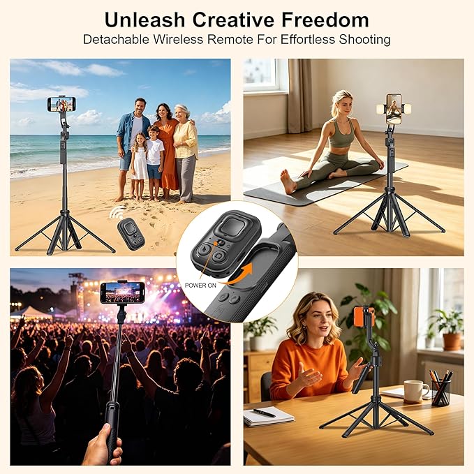63" Phone Tripod with Auto Face Tracking, 360° Rotation Selfie Stick Tripod for iPhone & Action Camera, Detachable Phone Holder & Wireless Remote, Portable Tripod for Video Recording/Vlogging/Live