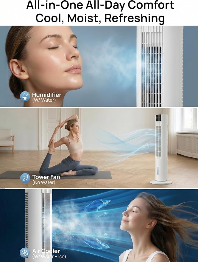 35" Evaporative Air Cooler, 3-In-1 Swamp Cooler, Portable Air Conditioners No Windows Needed, 3 Speeds, 4 Ice Packs, 12H Timer, 80° Oscillation, Remote, AC Cooling Fan for Bedroom, Room