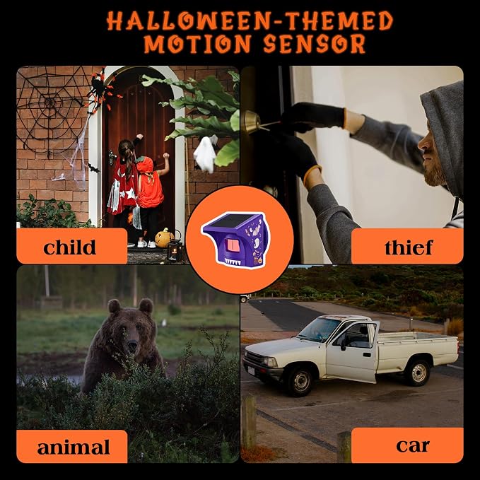 eMACROS 1/2 Mile Range Solar Driveway Alarm (Halloween Limited Edition), Halloween Decorations Motion Detector– Rechargeable Base Station with Spooky Halloween Music, Idea Gifts for Homeowners
